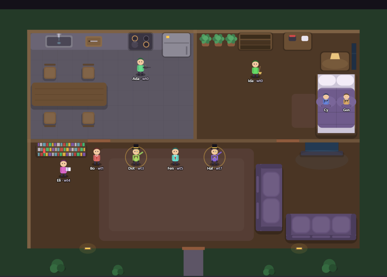 The house theme: several Claude Code sessions rendered as people cooking, reading, sleeping, and one with a hand raised waiting for input.